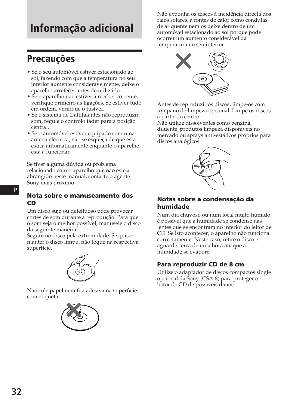 Informação adicional, Precauções | Sony CDX-C780R User Manual | Page 104 / 144