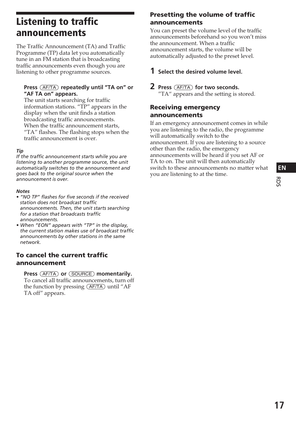 Listening to traffic announcements | Sony CDX-C780R User Manual | Page 17 / 144