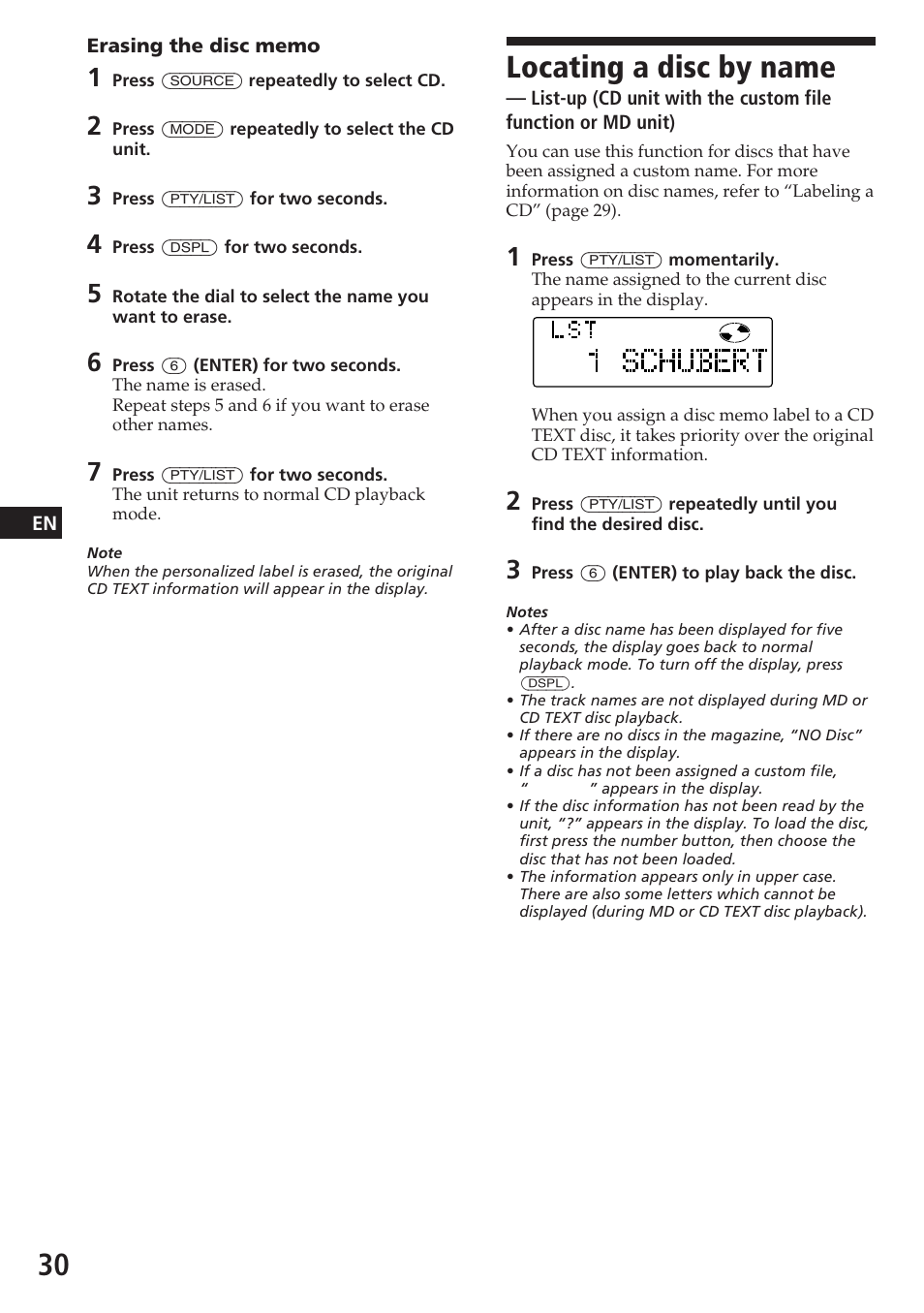 Locating a disc by name | Sony CDX-C780R User Manual | Page 30 / 144