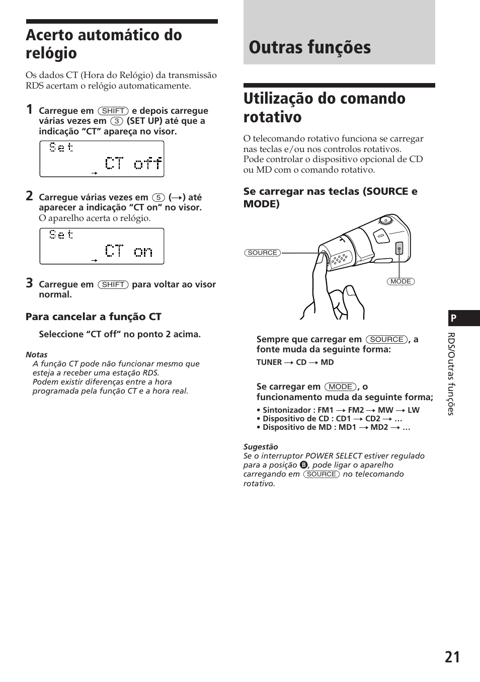 Outras funções, Acerto automático do relógio, Utilização do comando rotativo | Sony CDX-C780R User Manual | Page 93 / 144