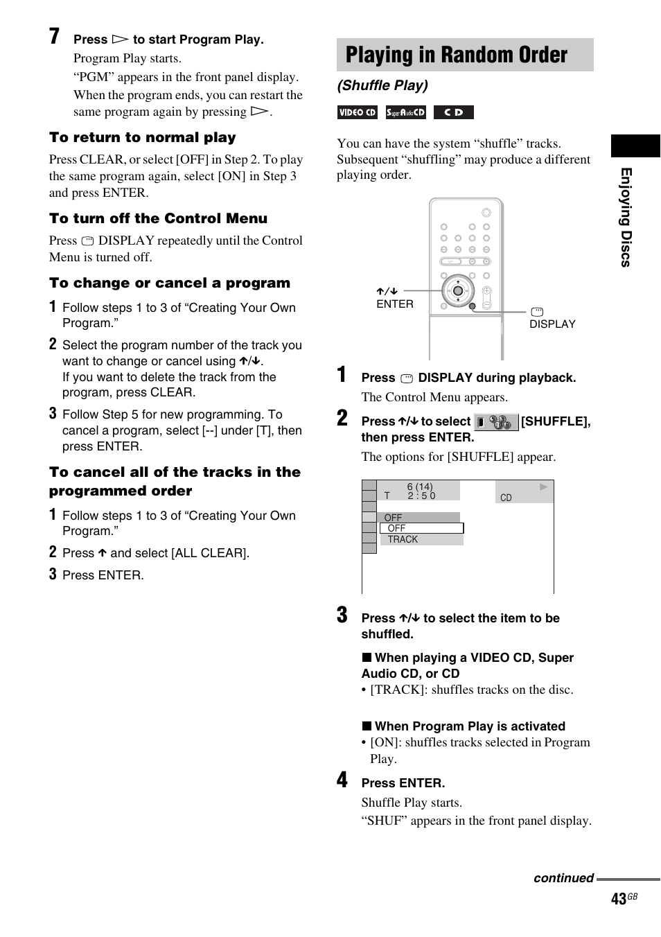 Playing in random order, Shuffle play) | Sony DAV X1G User Manual | Page 43 / 103
