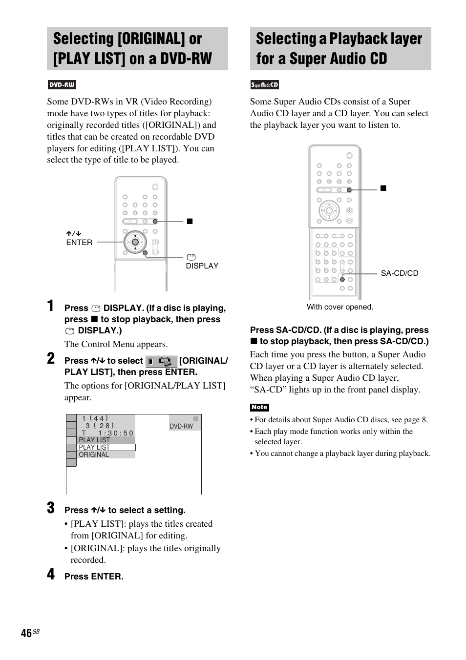 Selecting [original] or [play list] on a dvd-rw, Selecting a playback layer for a super audio cd, Selecting [original] or [play list | On a dvd-rw, Selecting a playback layer for a super, Audio cd | Sony DAV X1G User Manual | Page 46 / 103
