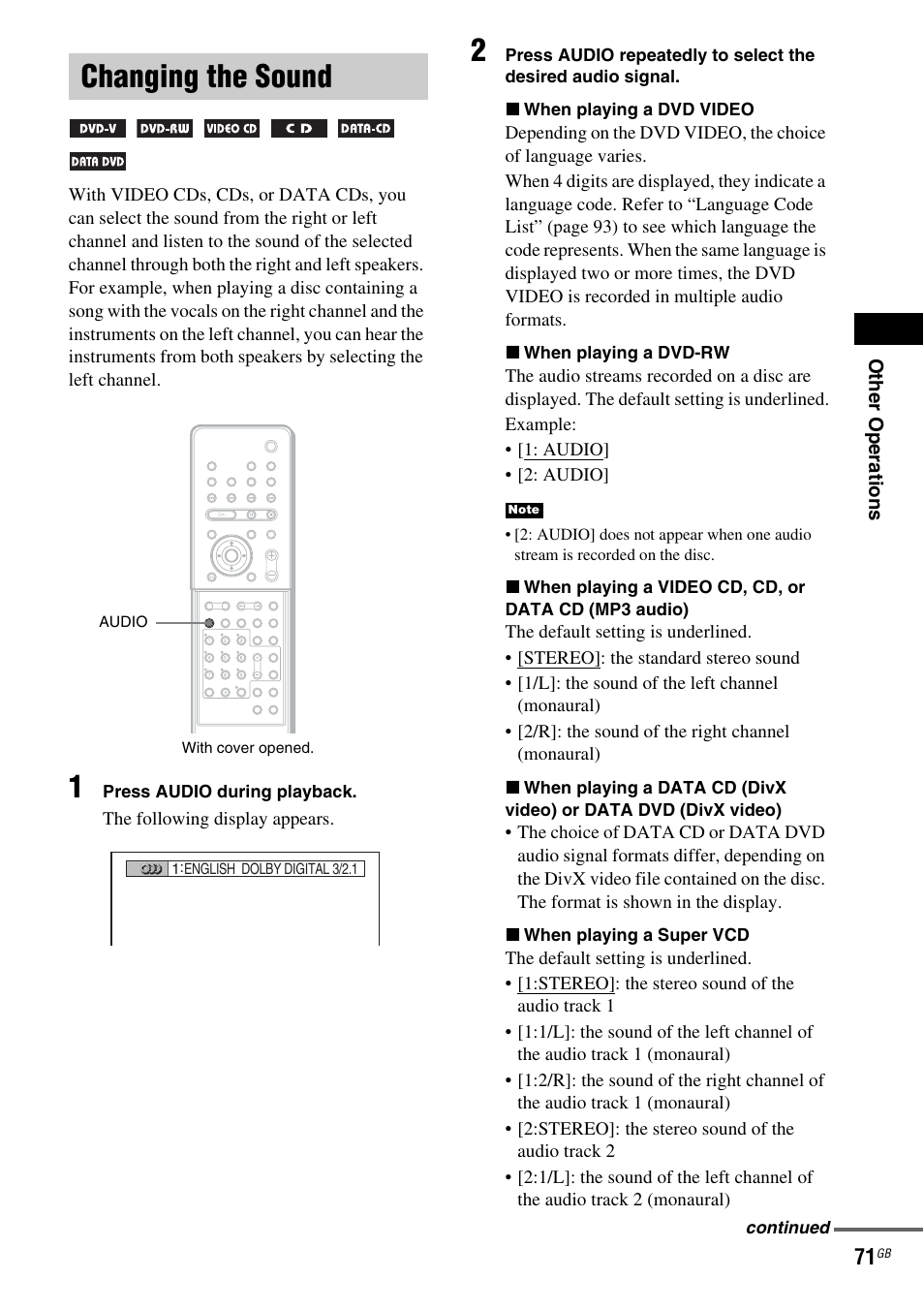Changing the sound | Sony DAV X1G User Manual | Page 71 / 103