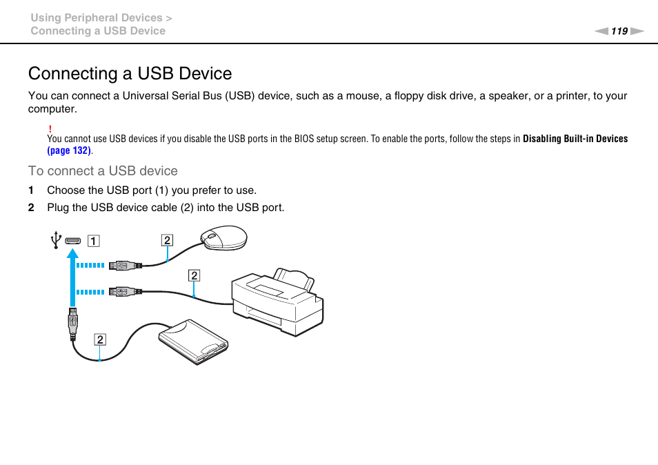 Connecting a usb device | Sony VAIO VPCSB User Manual | Page 119 / 209