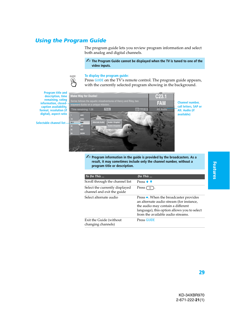 Using the program guide, C23.1, Se tup | Se tup setup se tup setu p fe at u re s | Sony KD-34XBR970 User Manual | Page 36 / 64