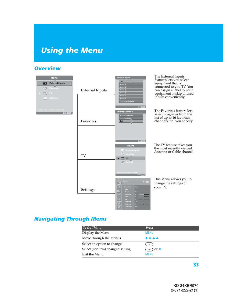 Using the menu, Overview, Navigating through menu | Overview navigating through menu, External inputs favorites tv settings, V v b b, Display the menu menu move through the menus, Exit the menu menu | Sony KD-34XBR970 User Manual | Page 40 / 64