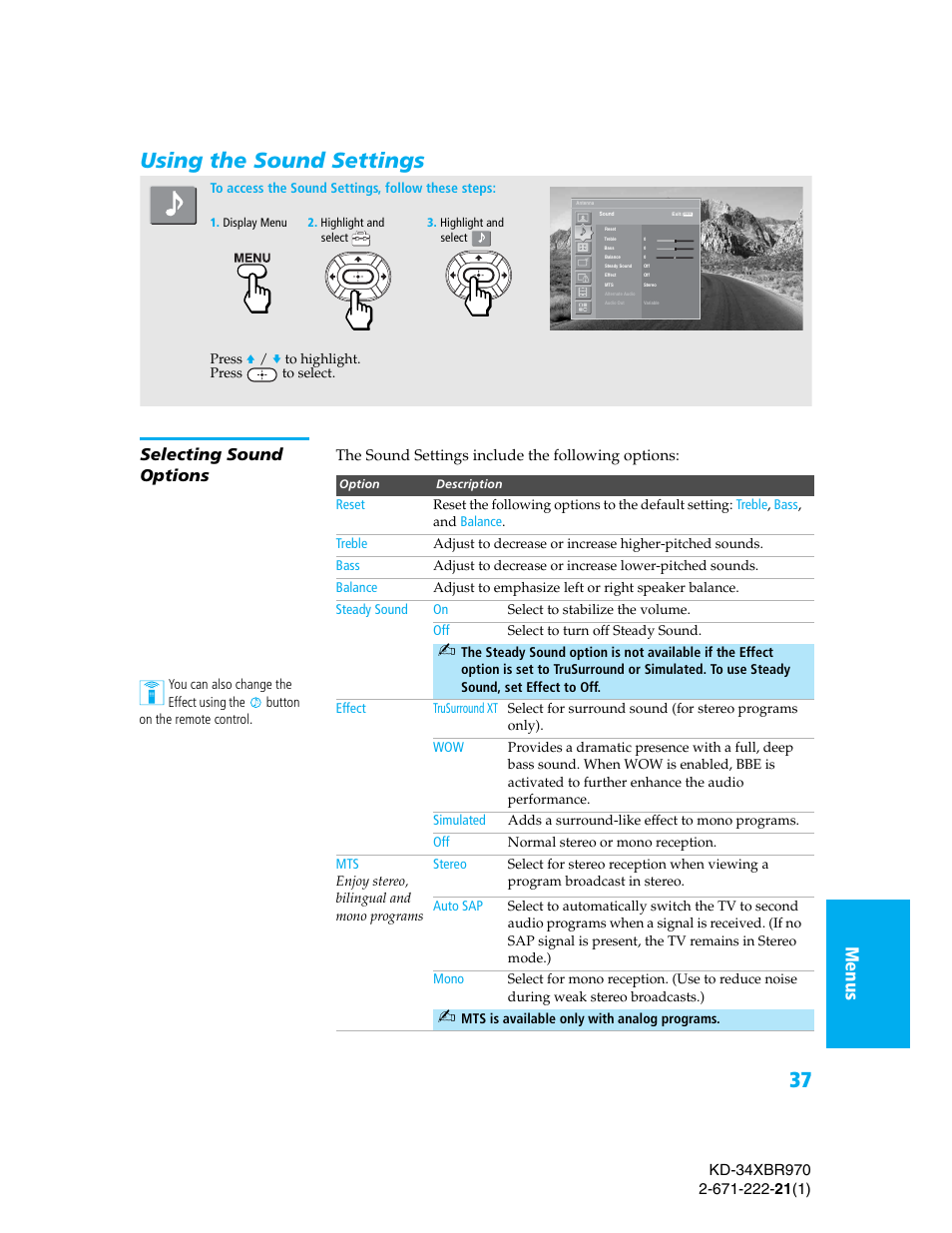 Using the sound settings, Selecting sound options, Me nus se tup menu s se tup menu s setu p | Sony KD-34XBR970 User Manual | Page 44 / 64