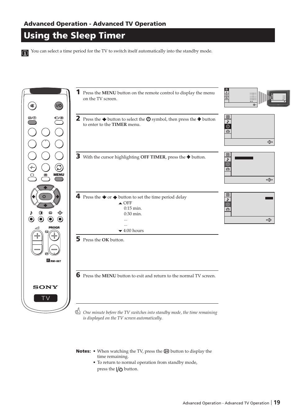 Using the sleep timer, 19 advanced operation - advanced tv operation | Sony KV-29FX201D User Manual | Page 19 / 98
