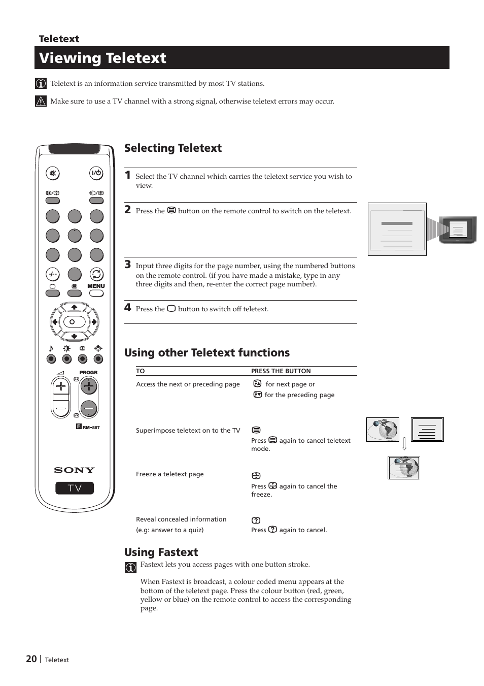 Viewing teletext, Using fastext, Selecting teletext 1 | Using other teletext functions, Teletext | Sony KV-29FX201D User Manual | Page 20 / 98
