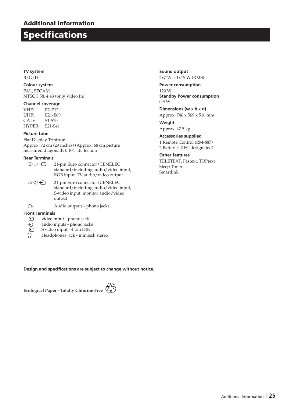Specifications, 25 additional information | Sony KV-29FX201D User Manual | Page 25 / 98
