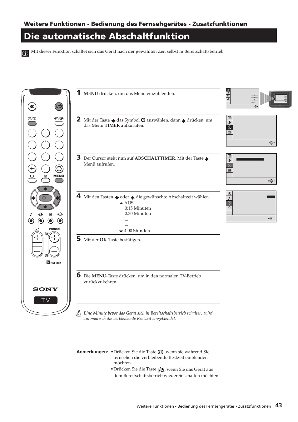 Die automatische abschaltfunktion | Sony KV-29FX201D User Manual | Page 43 / 98