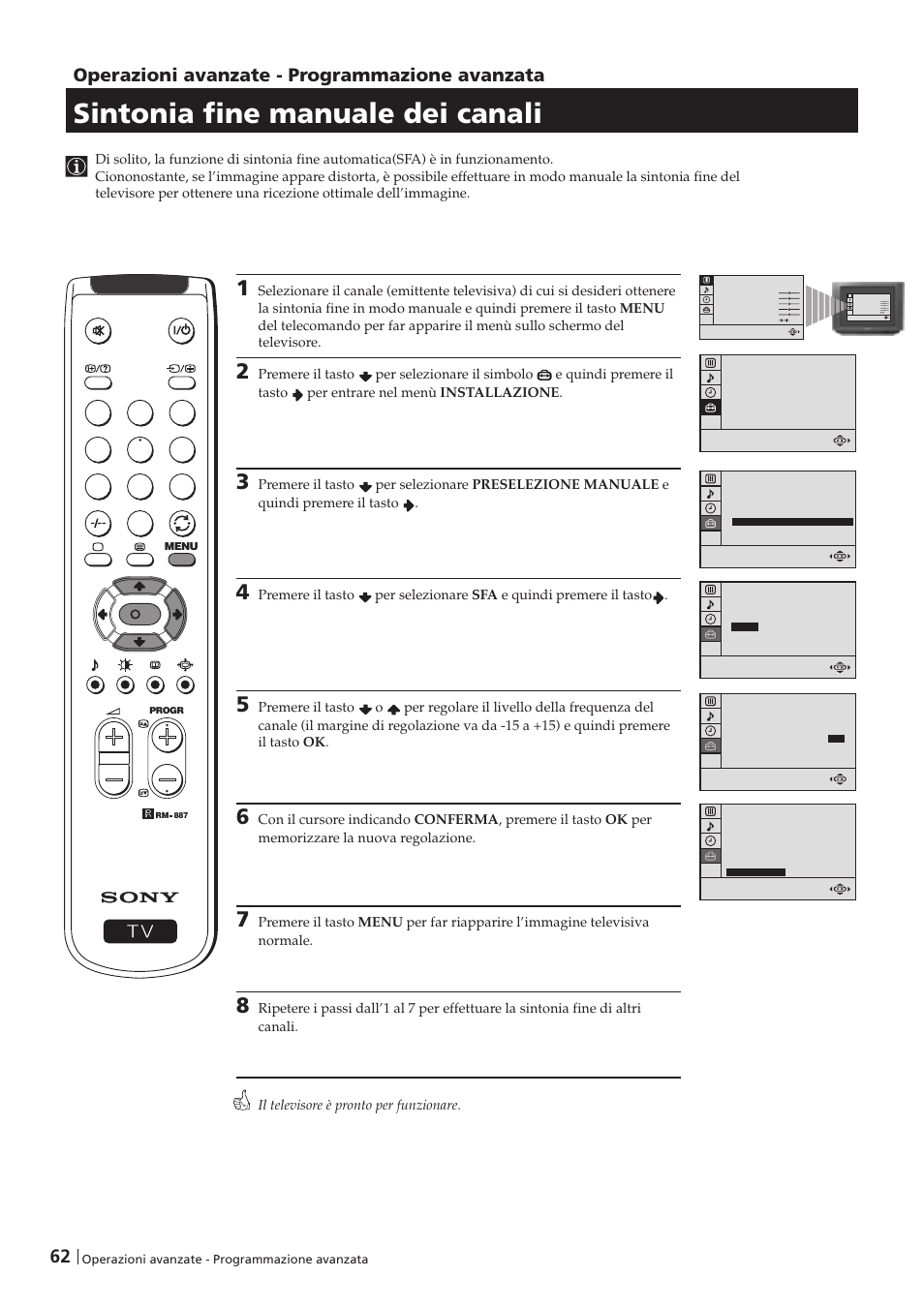 Sintonia fine manuale dei canali, Operazioni avanzate - programmazione avanzata | Sony KV-29FX201D User Manual | Page 62 / 98