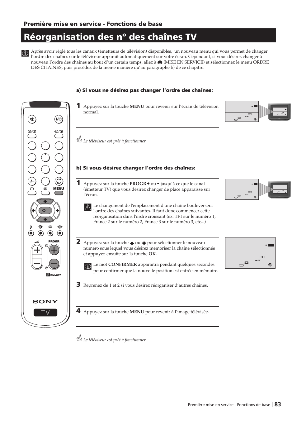 Réorganisation des nº des chaînes tv, Première mise en service - fonctions de base, B) si vous désirez changer l’ordre des chaînes | Sony KV-29FX201D User Manual | Page 83 / 98