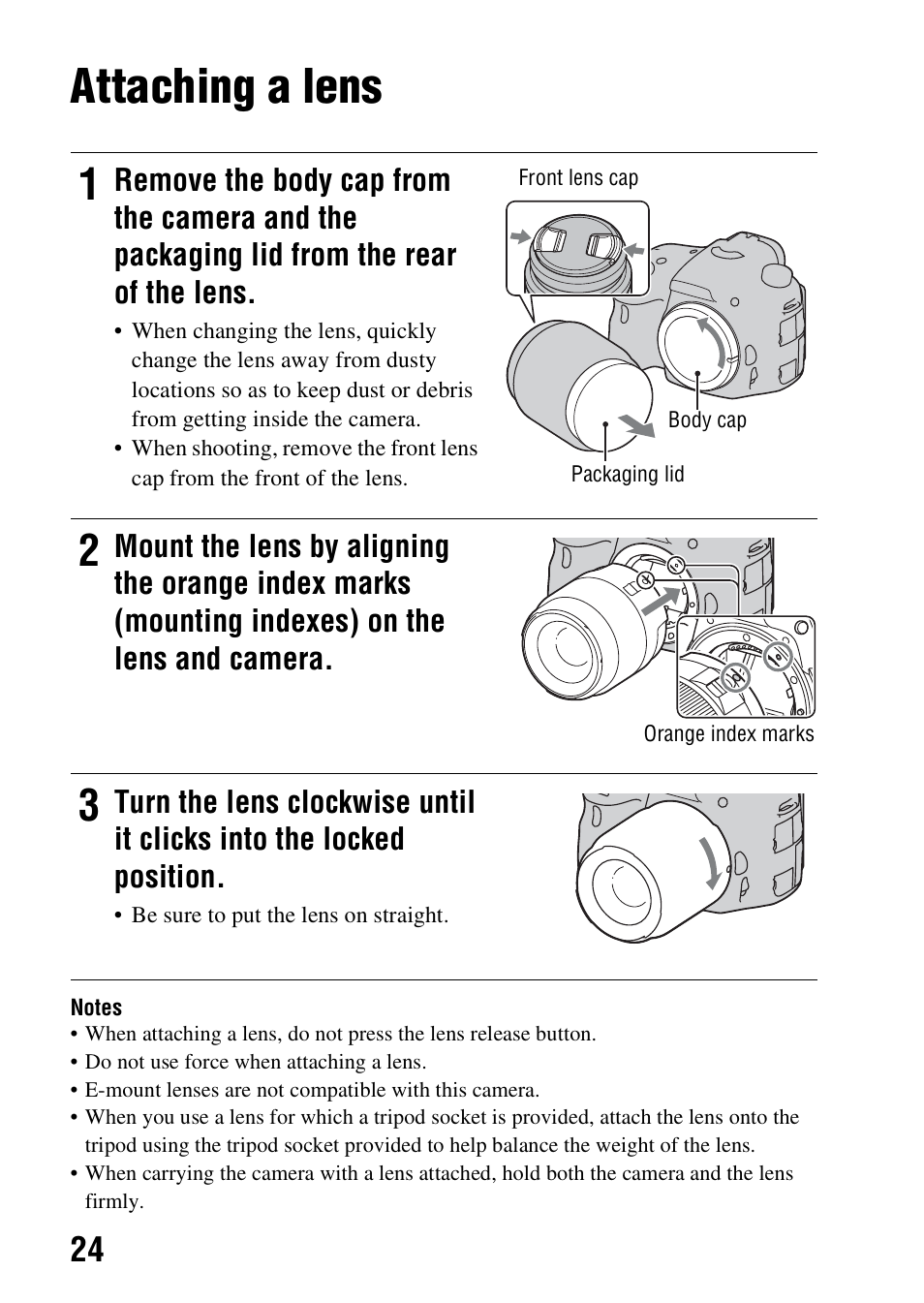 Attaching a lens | Sony A57 User Manual | Page 24 / 215