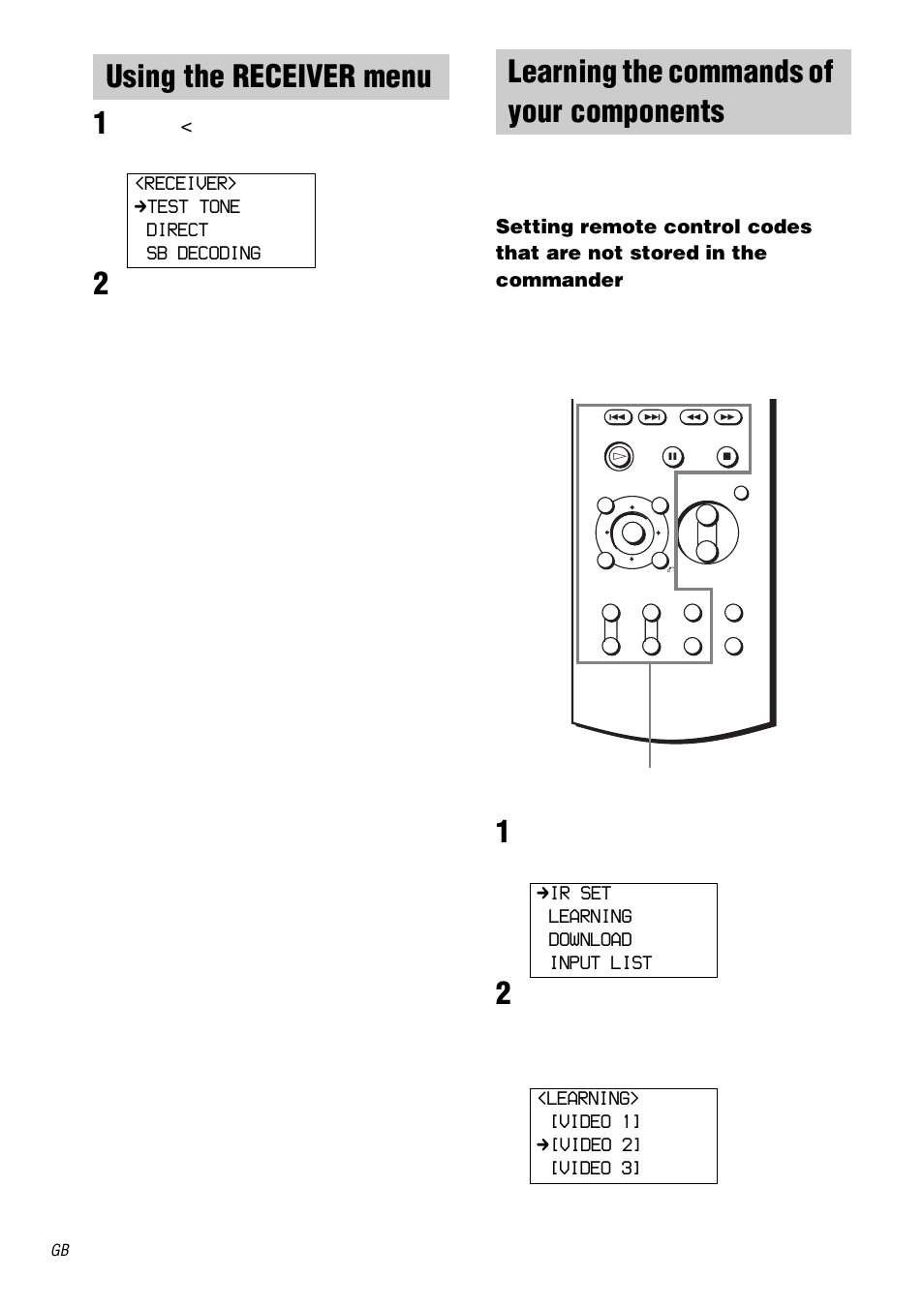 Using the receiver menu, Learning the commands of your components, Components | Sony RM-LJ312 User Manual | Page 20 / 28