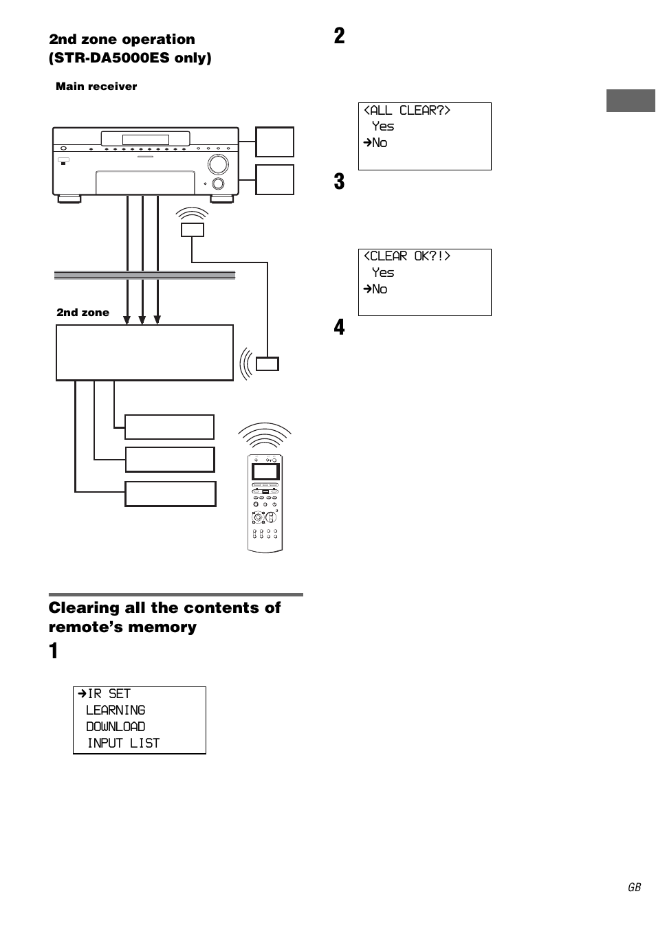 Us ing th e li sts, The set up list appears, The all clear list appears | Clear ok?!” appears, All clear?> yes cno <clear ok?!> yes cno | Sony RM-LJ312 User Manual | Page 27 / 28