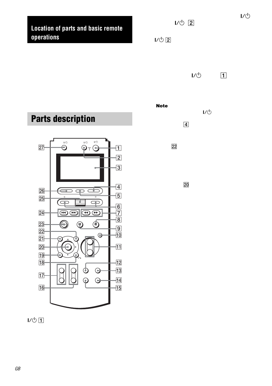 Location of parts and basic remote operations, Parts description | Sony RM-LJ312 User Manual | Page 4 / 28