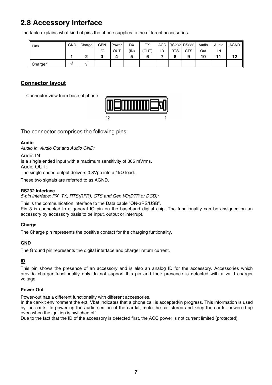 8 accessory interface, Connector layout, The connector comprises the following pins | Sony CMD-J5/J16 User Manual | Page 7 / 20