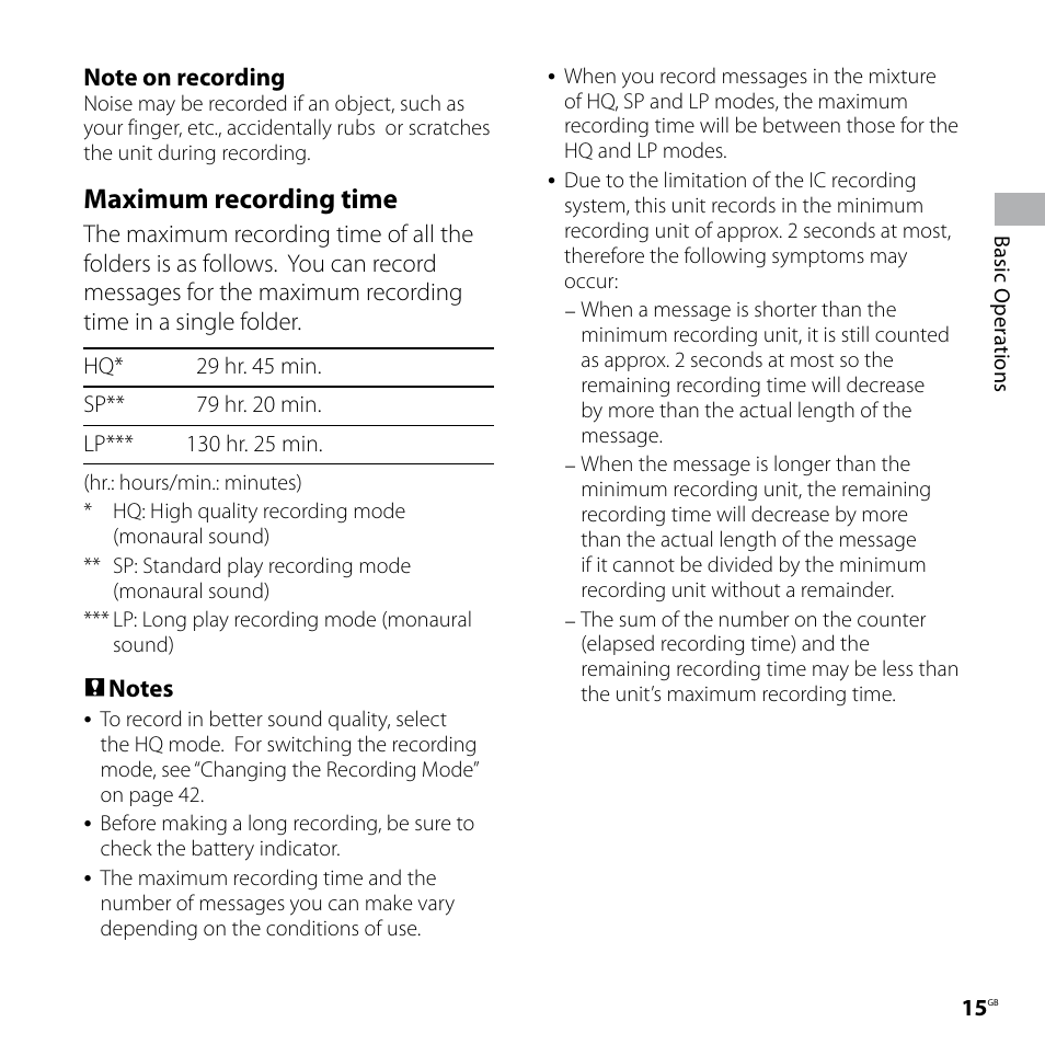 Maximum recording time | Sony IC RECORDER ICD-P530F User Manual | Page 15 / 60