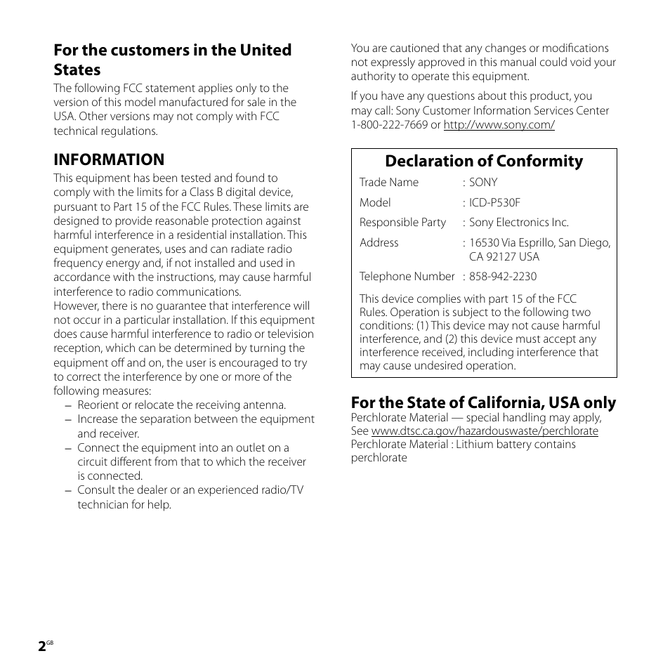 For the customers in the united states, Information, Declaration of conformity | For the state of california, usa only | Sony IC RECORDER ICD-P530F User Manual | Page 2 / 60