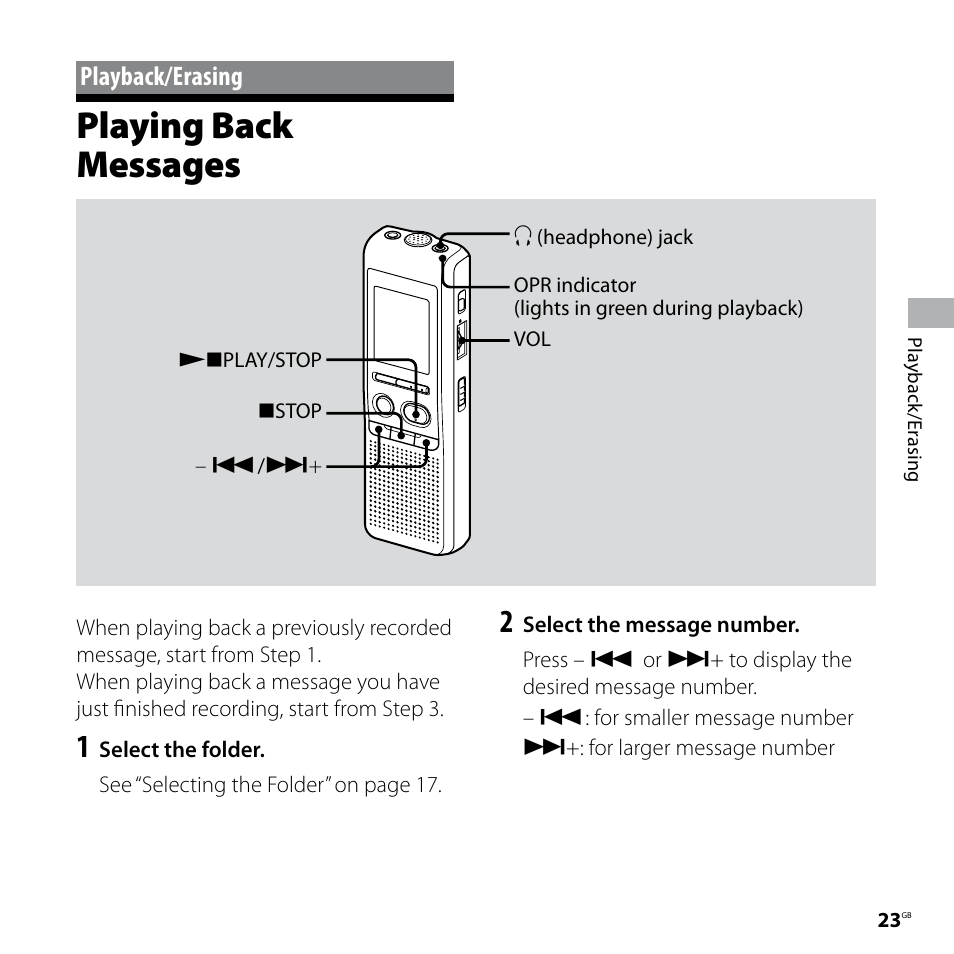 Playback/erasing, Playing back messages | Sony IC RECORDER ICD-P530F User Manual | Page 23 / 60