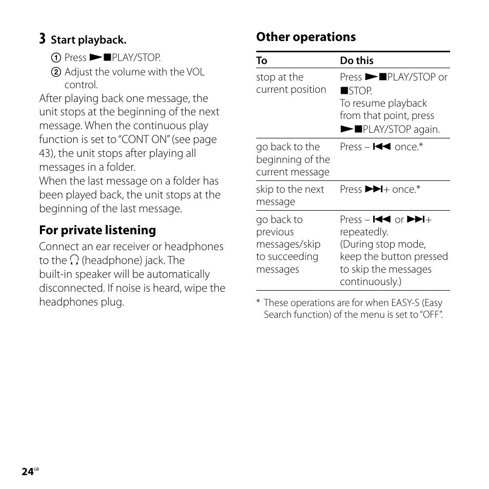 For private listening, Other operations | Sony IC RECORDER ICD-P530F User Manual | Page 24 / 60