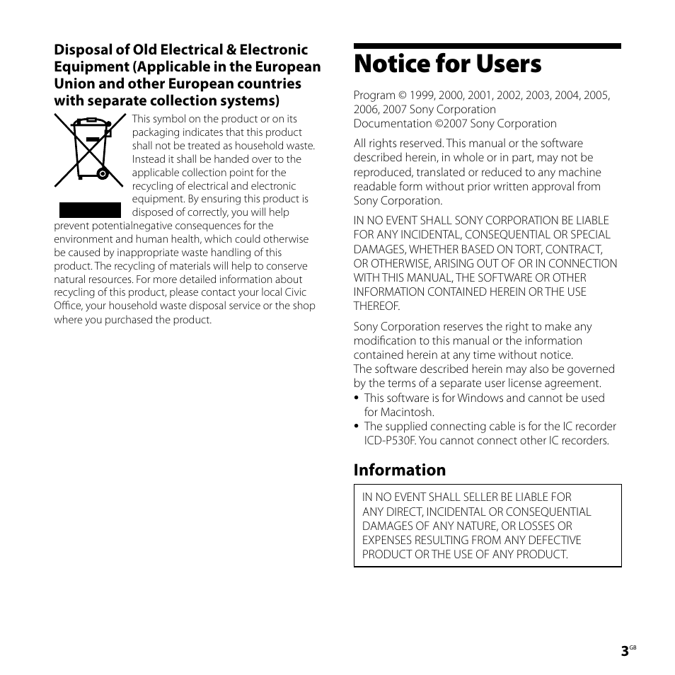 Notice for users, Information | Sony IC RECORDER ICD-P530F User Manual | Page 3 / 60