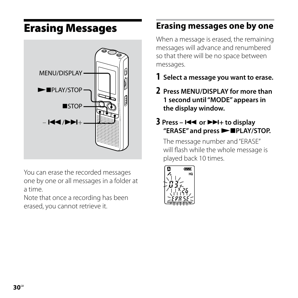 Erasing messages, Erasing messages one by one | Sony IC RECORDER ICD-P530F User Manual | Page 30 / 60
