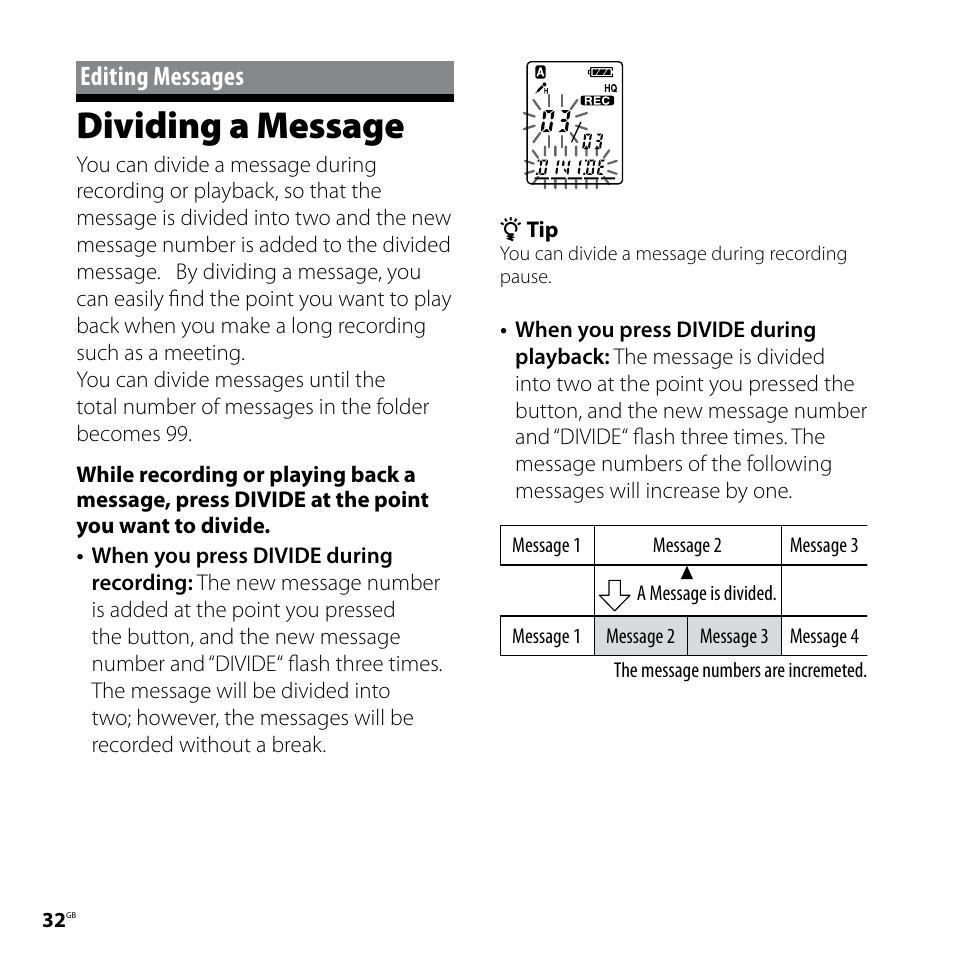 Editing messages, Dividing a message | Sony IC RECORDER ICD-P530F User Manual | Page 32 / 60