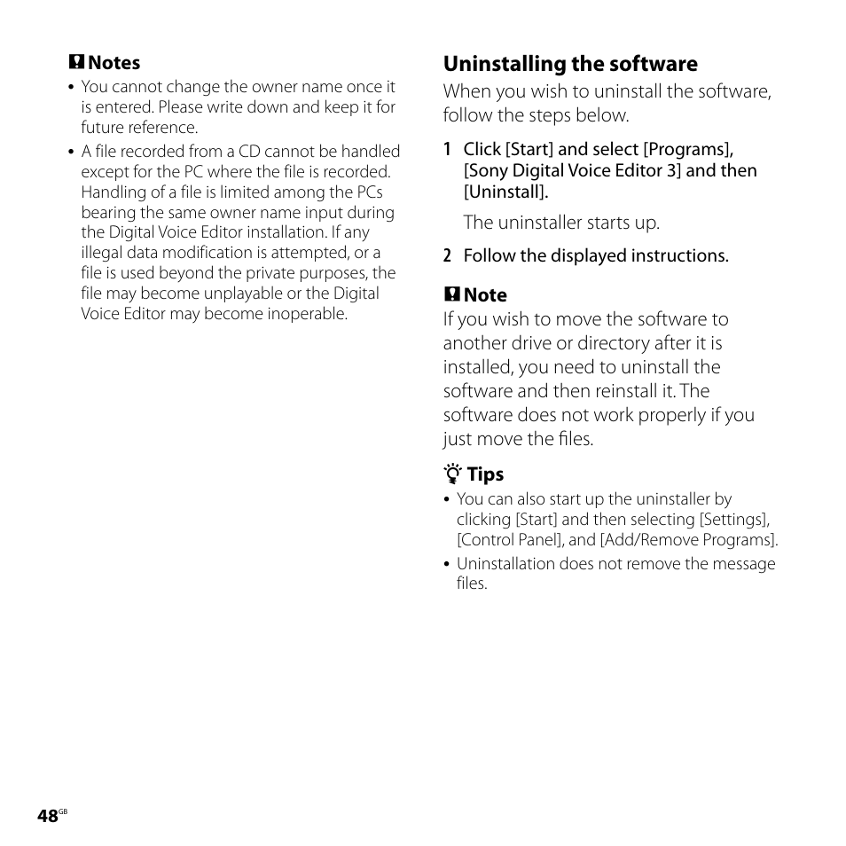 Uninstalling the software | Sony IC RECORDER ICD-P530F User Manual | Page 48 / 60