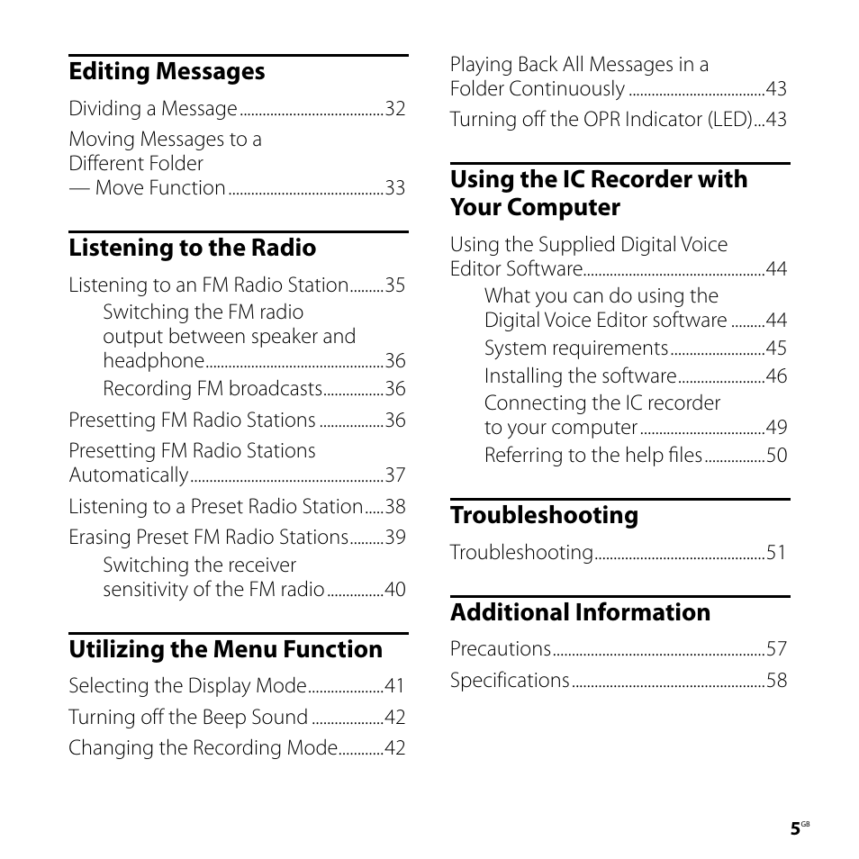 Editing messages, Listening to the radio, Utilizing the menu function | Using the ic recorder with your computer, Troubleshooting, Additional information | Sony IC RECORDER ICD-P530F User Manual | Page 5 / 60