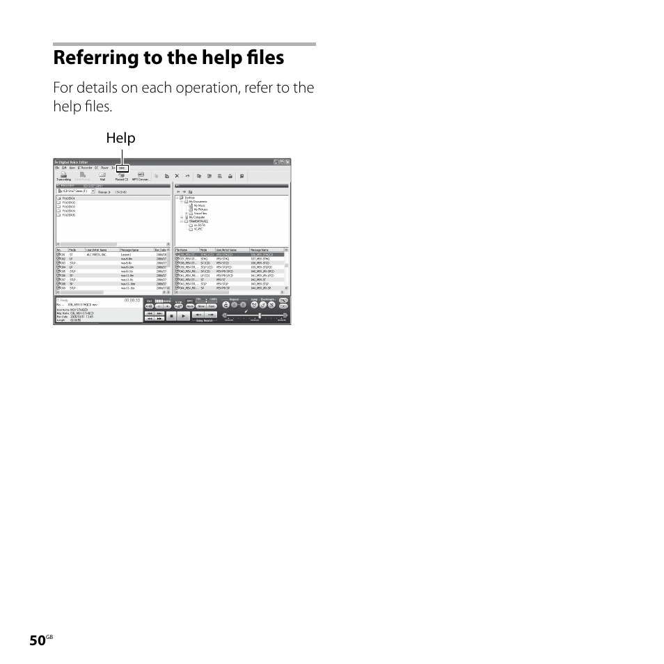 Referring to the help files | Sony IC RECORDER ICD-P530F User Manual | Page 50 / 60