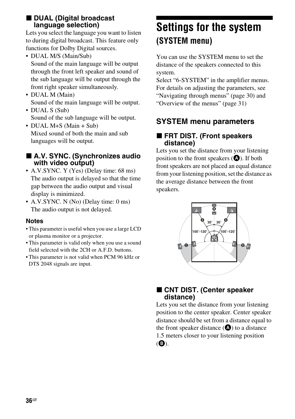 Settings for the system (system menu), Settings for the system, System menu) | System menu parameters, X dual (digital broadcast language selection), X frt dist. (front speakers distance), X cnt dist. (center speaker distance) | Sony HT-SF1100 User Manual | Page 36 / 60