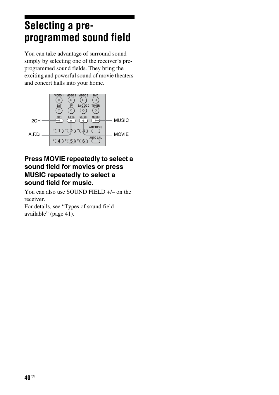 Selecting a pre- programmed sound field, Selecting a pre-programmed sound field | Sony HT-SF1100 User Manual | Page 40 / 60