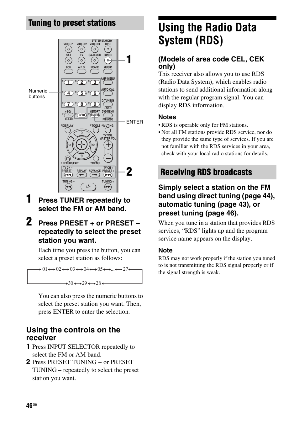 Using the radio data system (rds), Models of area code cel, cek only), Tuning to preset stations | Receiving rds broadcasts, Using the controls on the receiver, Press tuner repeatedly to select the fm or am band | Sony HT-SF1100 User Manual | Page 46 / 60