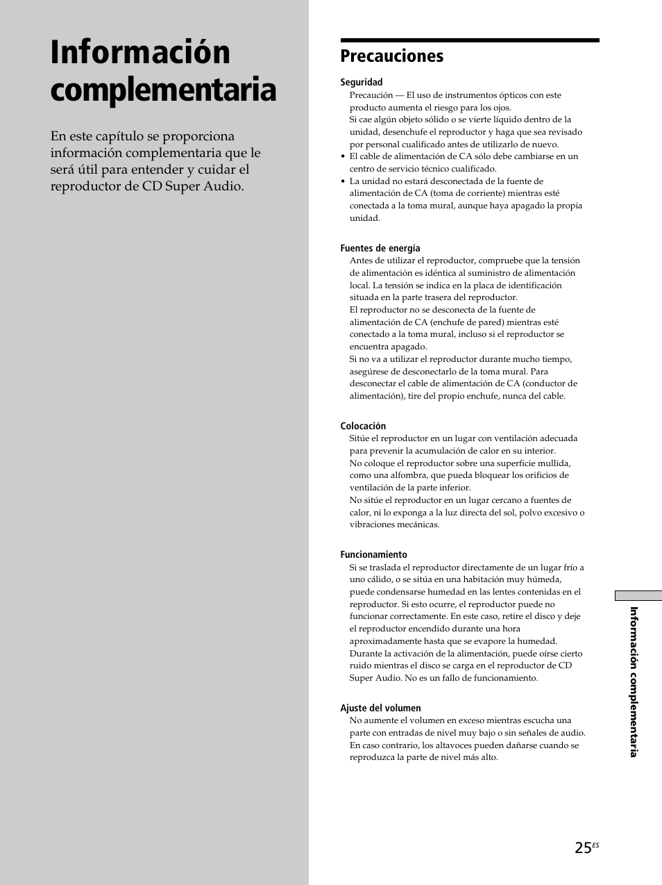 Información complementaria, Precauciones | Sony SCD-XB770 User Manual | Page 109 / 112