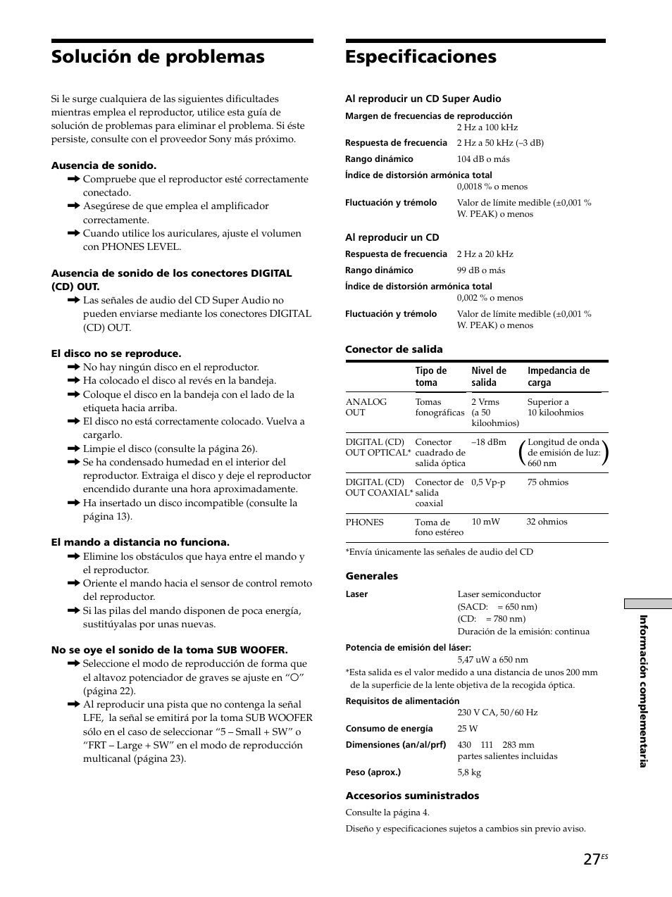 Especificaciones, Solución de problemas | Sony SCD-XB770 User Manual | Page 111 / 112
