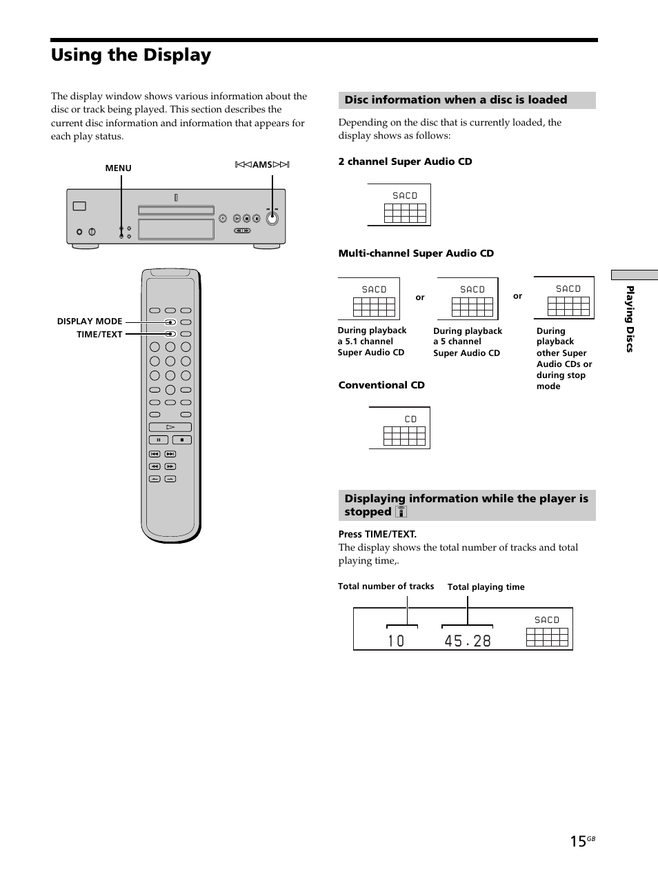 Using the display, Disc information when a disc is loaded, Playing discs | S a c d | Sony SCD-XB770 User Manual | Page 15 / 112