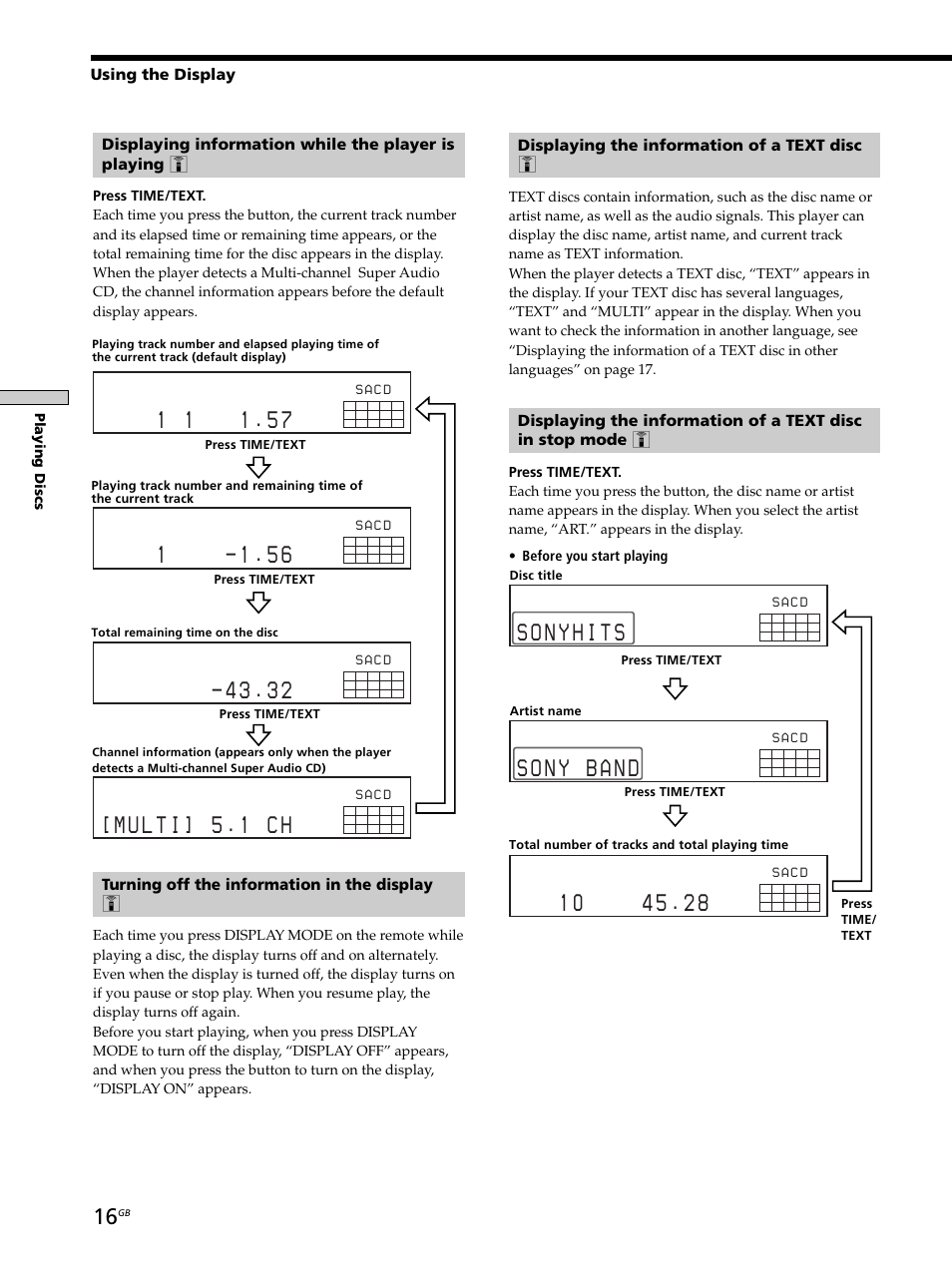 Turning off the information in the display z, Playing discs | Sony SCD-XB770 User Manual | Page 16 / 112