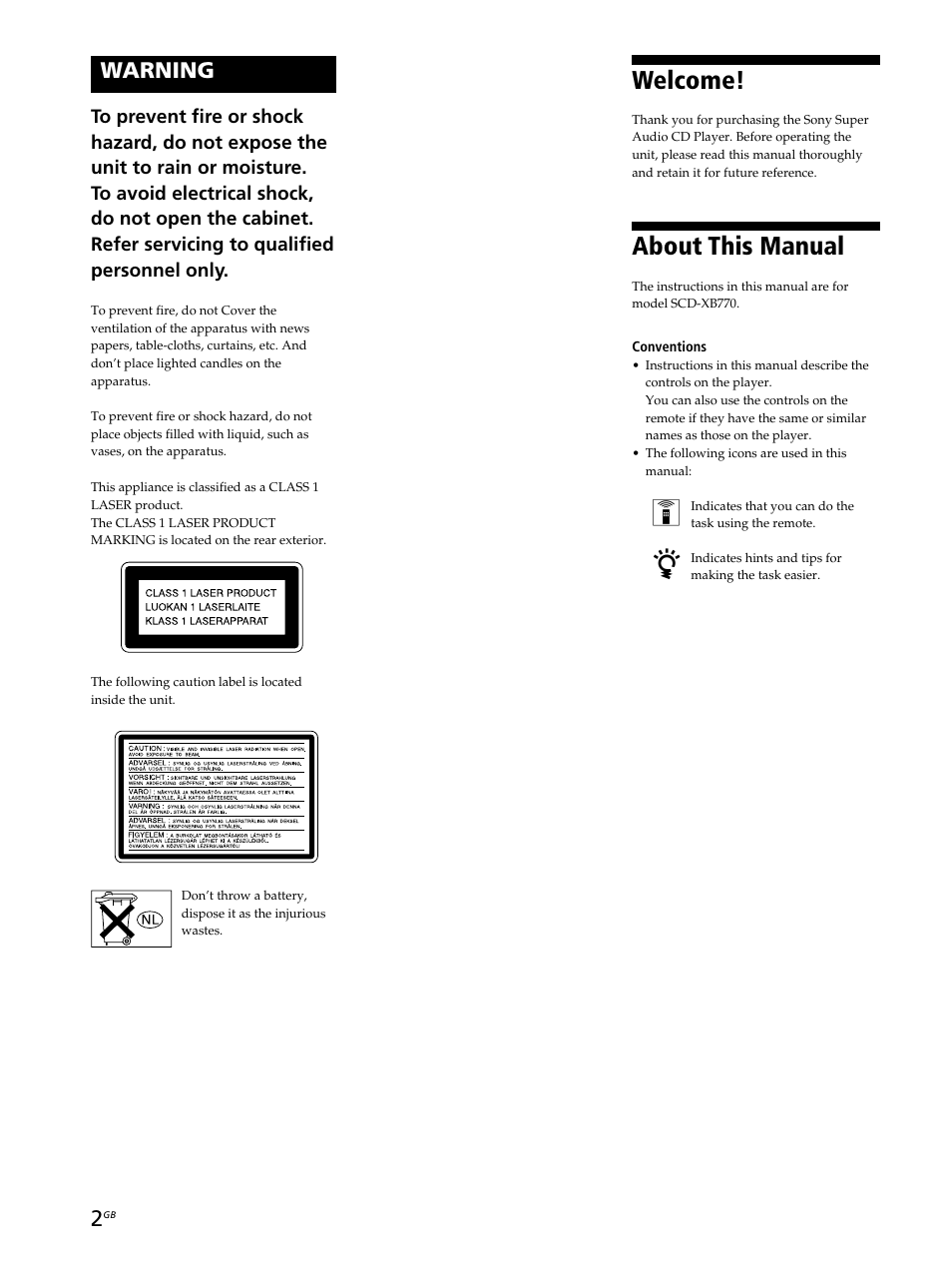 Welcome, About this manual, Warning | Sony SCD-XB770 User Manual | Page 2 / 112