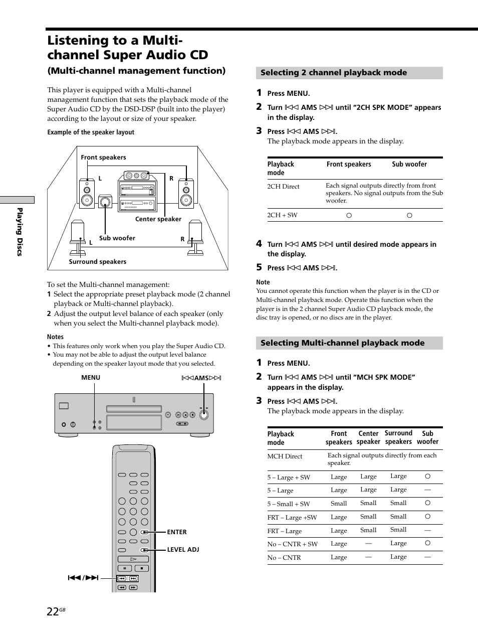 Listening to a multi- channel super audio cd, Multi-channel management function) | Sony SCD-XB770 User Manual | Page 22 / 112