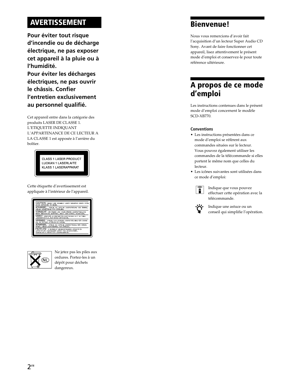Avertissement, Bienvenue, A propos de ce mode d’emploi | Sony SCD-XB770 User Manual | Page 30 / 112