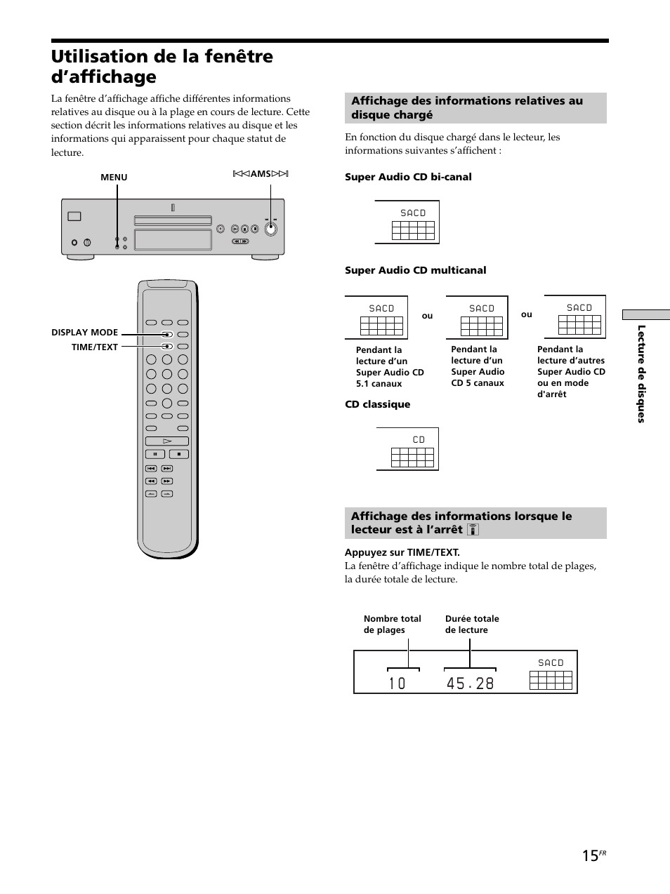 Utilisation de la fenêtre d’affichage, Lectur e de disques, S a c d | Sony SCD-XB770 User Manual | Page 43 / 112