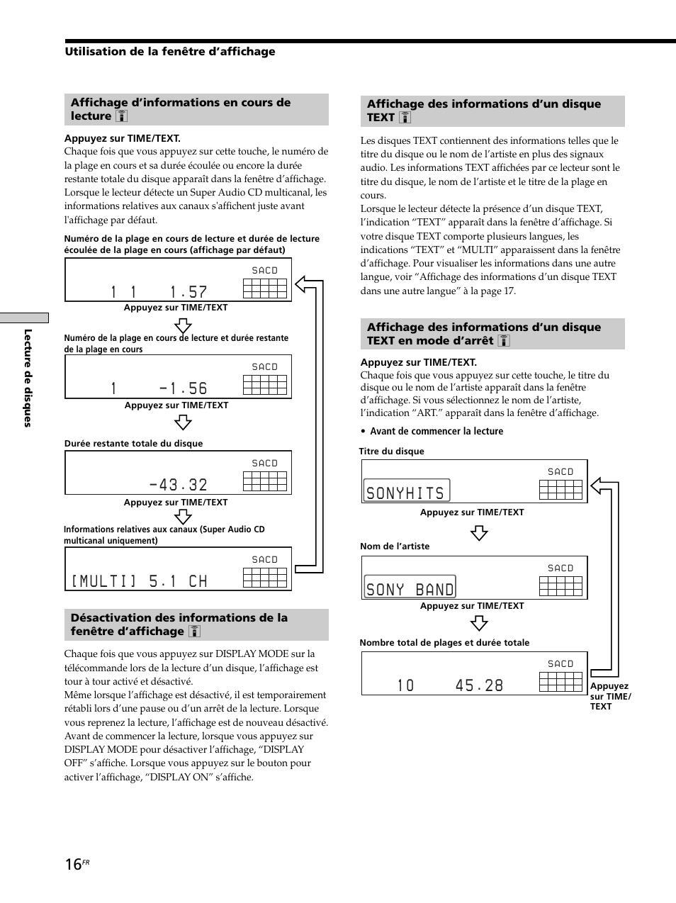 Affichage d’informations en cours de lecture z, Affichage des informations d’un disque text z, Utilisation de la fenêtre d’affichage | Lectur e de disques | Sony SCD-XB770 User Manual | Page 44 / 112