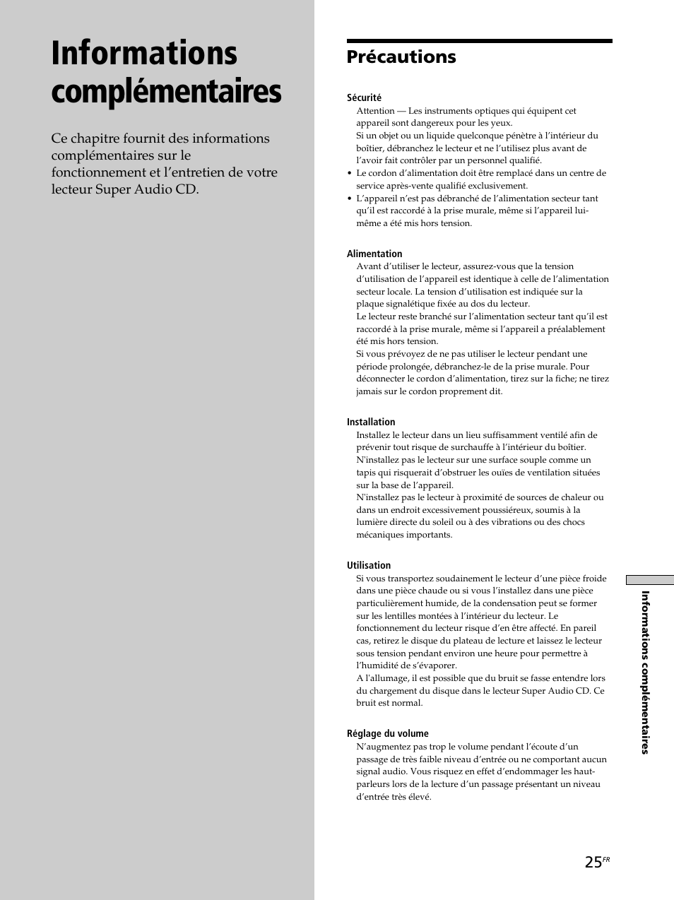 Informations complémentaires, Précautions | Sony SCD-XB770 User Manual | Page 53 / 112
