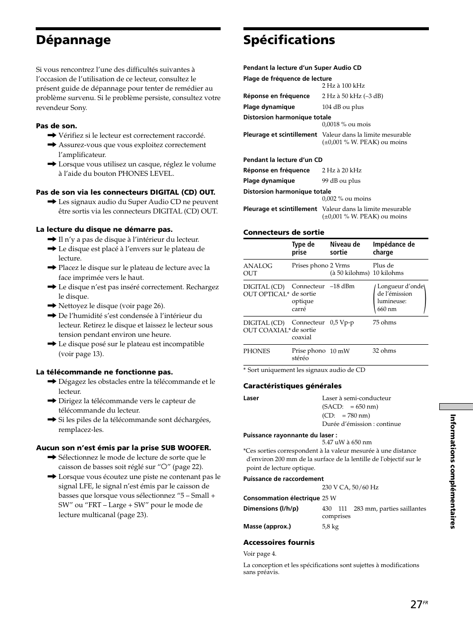 Spécifications, Dépannage | Sony SCD-XB770 User Manual | Page 55 / 112