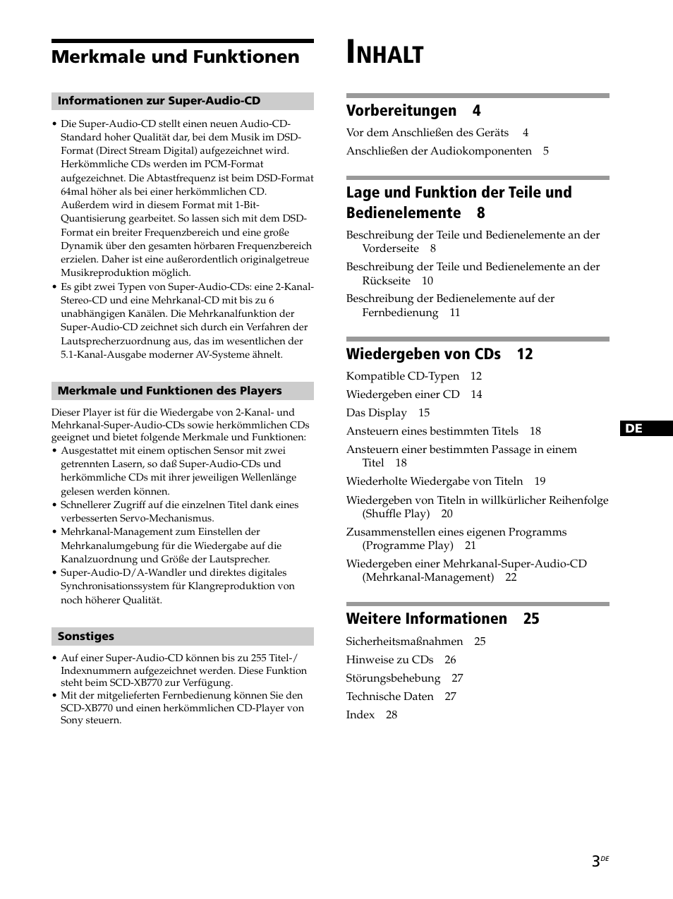 Nhalt, Merkmale und funktionen, Vorbereitungen 4 | Lage und funktion der teile und bedienelemente 8, Wiedergeben von cds 12, Weitere informationen 25 | Sony SCD-XB770 User Manual | Page 59 / 112