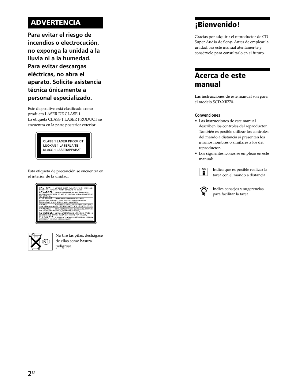 Bienvenido, Acerca de este manual, Advertencia | Sony SCD-XB770 User Manual | Page 86 / 112
