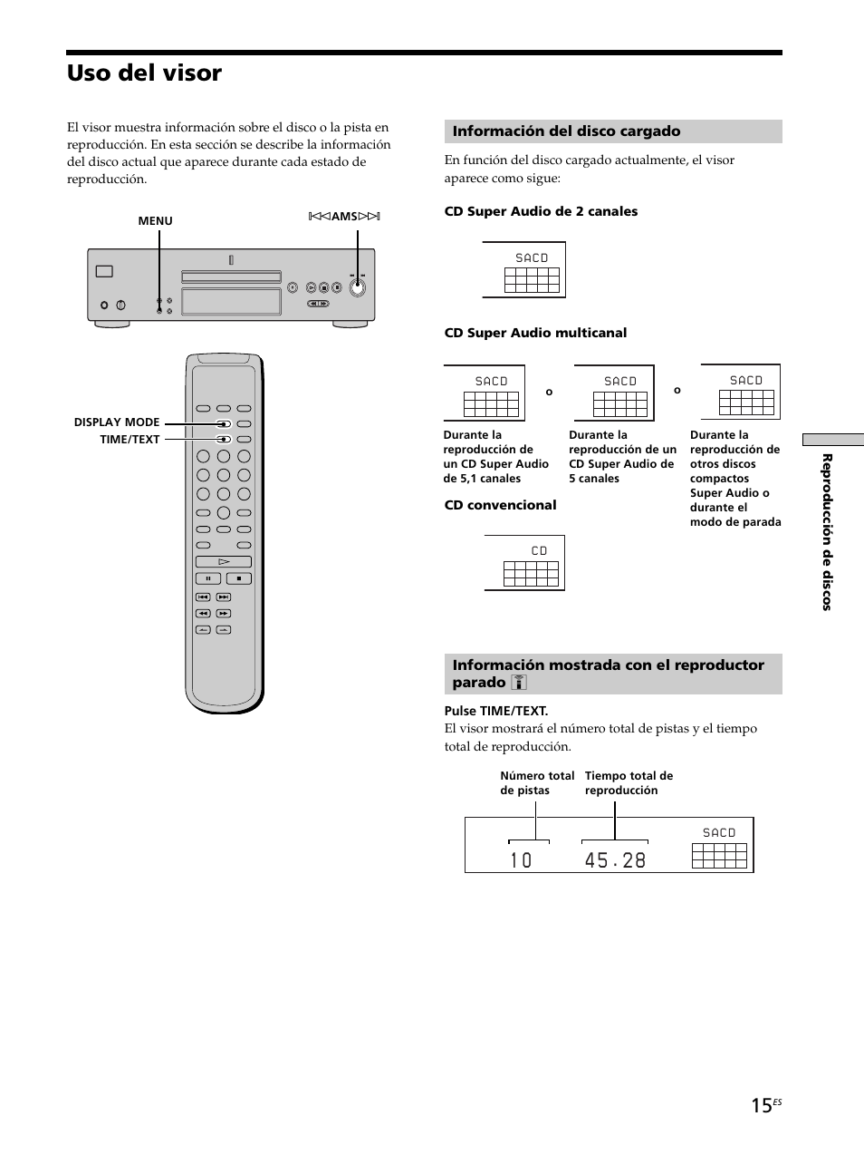 Uso del visor, Información del disco cargado, Información mostrada con el reproductor parado z | Repr oducción de discos, S a c d | Sony SCD-XB770 User Manual | Page 99 / 112