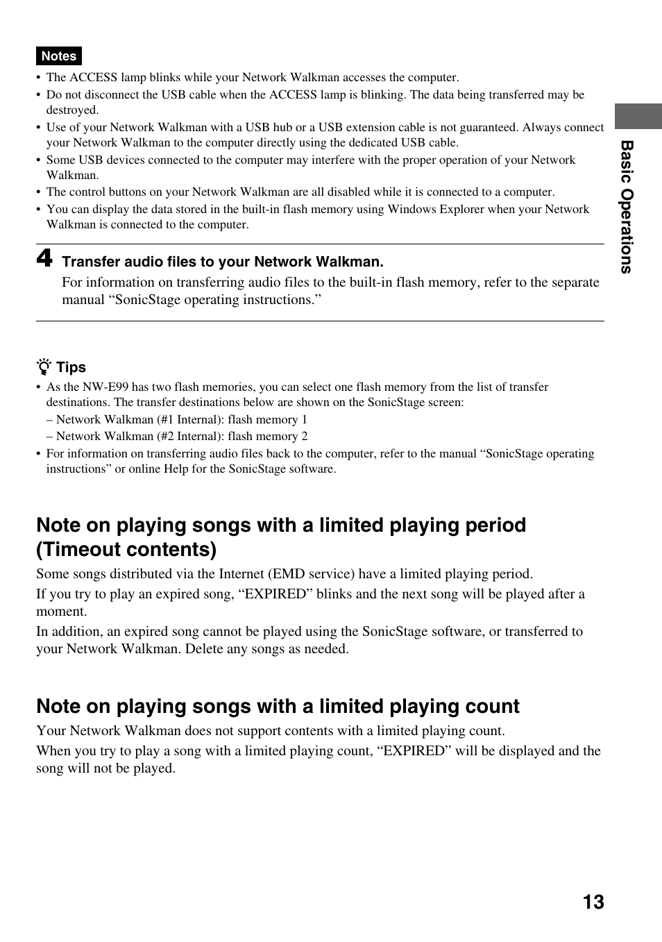 Note on playing songs with a limited playing count | Sony NW-E99 User Manual | Page 13 / 52